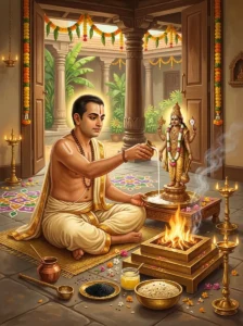 A Hindu householder performs the Margashirsha Shukla Dvadashi puja before an altar of Nārāyaṇa with a sacred fire and offerin