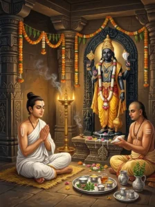 A devout worshipper performing the month-long Masa-upavasa vrata before the sacred stone image of Vishṇu in a Vishṇu temple
