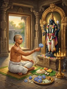 A devout householder performs the monthly vrata ritual before an altar dedicated to Vishṇu