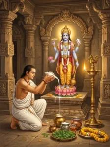 A devoted worshipper performing the sacred daily libation before Bhagavān Vishṇu during the Masopavasa vow