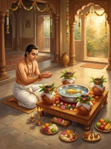 A devotee performs the Matsya Dvadashi puja before a golden fish icon of Vishṇu surrounded by four sacred water pots