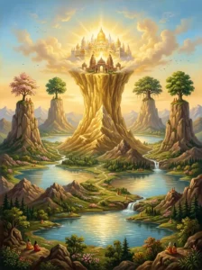 A towering golden Meru Parvata at the center of the world with celestial cities and surrounding sacred lakes.