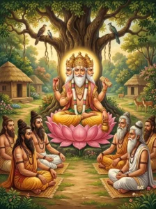 Brahmā teaches attentive ṛshis seated on the ground beneath an ancient tree in a serene, natural setting.