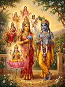 Mūla Prakṛti stands as primordial Radha beside Kṛshṇa in Goloka, surrounded by her four primary forms.