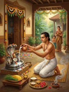 A Hindu devotee performing the sacred ritual bathing and worship of the serpent deities on Naga Panchami