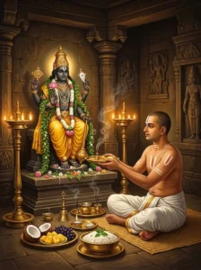 A devotee offering fresh naivedya food, fruits, and tulasī leaves before an image of Vishṇu during a puja