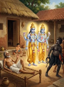 The four-armed messengers of Vishṇu, the Vishnudutas, intervening to halt the dark messengers of Yama beside the dying brahma