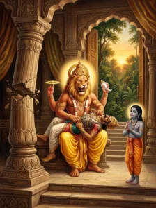 Bhagavān Narasiṃha triumphs over Hiraṇyakaśipu as young Prahlāda looks on in devotion.