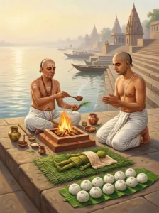 A householder and an officiating brahmana perform the Nārāyaṇa Bali rite beside a sacred river to grant liberation to an ance