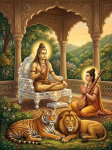 The sage Nārāyaṇa Muni teaches Nārada from a crystal throne as a lion and tiger rest peacefully outside.