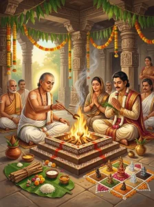 A Hindu worshipper and officiating priests performing the Navagraha Homa around a sacred fire pit with offerings to the nine