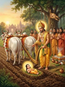 King Siradhvaja Janaka discovering the infant Sītā during a sacred sacrificial ploughing rite