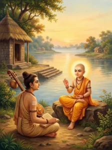 The sage Sanandana teaches Nirukta to Nārada, as described in the Nārada Purāṇa.