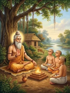 A ṛshi teaches the Pañcabhūta to students at a forest hermitage.