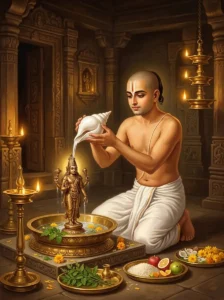 A Vaishṇava devotee performs the ritual bath of an idol of Vishṇu using the sacred white conch shell during the Pancajanya pu