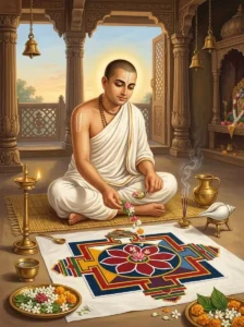 An initiated Vaishṇava devotee performs the Pancaratra puja of Vasudeva before a sacred colored-powder maṇḍala