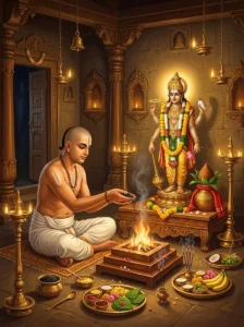 A devout householder performing the Pañcarātra Vrata rituals in front of an altar of Vishṇu