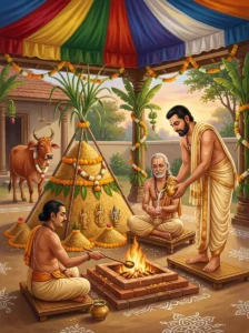 A householder performing the Parvata Dāna ritual by gifting a symbolic mountain of grain to a brahmana teacher