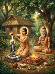 Aditi performing the sacred Payovrata rite by bathing an image of Vishṇu with milk in the āśrama of sage Kaśyapa