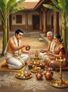 A householder worshipper presents crafted metal fruit figurines, a golden bull, and a golden Yama idol to a brahmana couple a