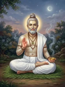 Pitṛ Devatā of the Barhishad class seated on kusha grass holding Soma.