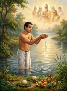 A dutiful descendant performing the sacred ancestral rite of tarpaṇa by offering water and black sesame seeds in a holy river