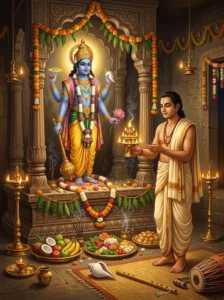 A devotee performs the Prabodhinī Ekādaśī jāgaraṇa rite, worshipping Bhagavān Vishṇu with oil lamps and flowers.