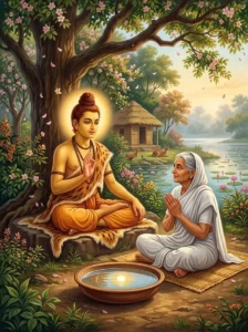 Sage Kapila teaches Devahūti about Prakṛti and Purusha beneath a tree.