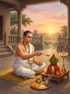 A Hindu worshipper performs the Pratipat vrata morning ritual before a consecrated altar at sunrise