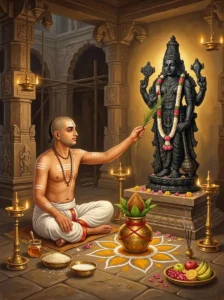 A Hindu temple priest performing the prana-pratishtha ritual to consecrate a four-armed stone image of Vishṇu