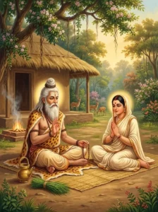 The sage Kaśyapa instructing his wife Diti in the disciplines of the Puṃsavana Vrata outside their hermitage