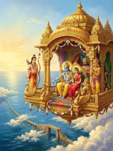 Rāma and Sītā travel inside the divine golden Pushpaka Vimana as it flies through the sky on the journey home to Ayodhya