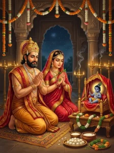 King Shurasena and his queen perform the Putra-Prapti Vrata at midnight before an altar of the infant Bala Kṛshṇa