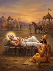 Bhishma on his arrow bed teaches dharma to Yudhishṭhira during twilight.