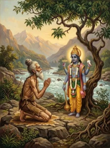 The elderly sage Raibhya kneels in devotion before the four-armed deity Vishṇu beneath a bent mango tree.