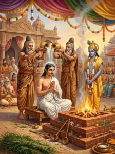 King Yudhishṭhira receiving the sacred abhisheka bath of consecration during the Rajasūya sacrifice