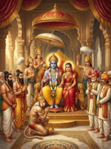 Rāma ruling from the golden throne in the assembly court of Ayodhya beside Sītā, establishing Rāma Rajya