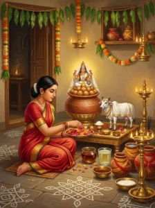 A devout woman performing the Rasa-Kalyāṇinī Tṛtīyā Vrata worship before an altar dedicated to Goddess Gauri