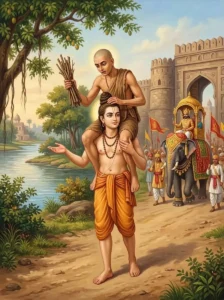 The sage Ṛbhu carries his disciple Nidagha on his shoulders to impart the non-dual truth of Vedānta.