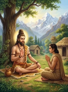 Ṛshabha Muni seated under a deodar tree instructs the exiled King Sumitra in a Himalayan hermitage.