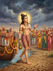 Ṛshyaśṛṅga steps onto the parched soil of Anga, bringing the first heavy downpour of rain to end the drought.
