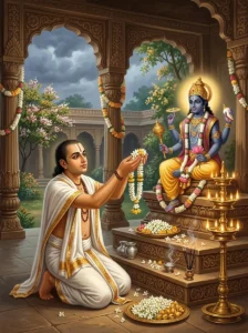 A Vaishṇava devotee performs the seasonal Ṛtu Puja before an altar image of Vishṇu