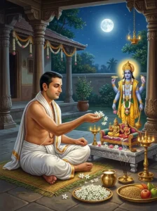 A devout householder performing the Rohini Candra-Shayana vrata before a moonlit altar consecrated to Vishṇu and Rohini-Laksh