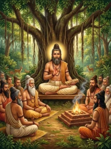Romaharshaṇa Sūta recites the Purāṇas to sage Śaunaka and assembled hermits under a banyan tree.