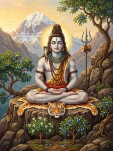 Śiva in deep meditation, with sacred tears falling from his eyes to sprout rudraksha trees upon the earth