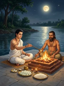 A devout worshipper performs the sacred homa and meditation of the Rupasaubhagya Vrata dedicated to the moon god Candra