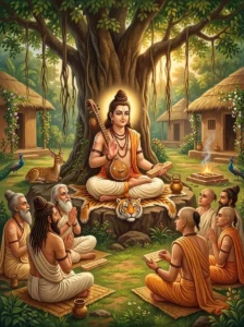 Nārada Ṛshi teaches Saṃhitā and Muhūrta while holding his vīṇā and a palm-leaf manuscript before attentive disciples.
