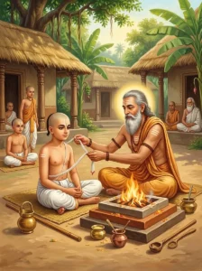 The Upanayana ceremony, the sacred-thread rite of spiritual rebirth, being performed for a young student