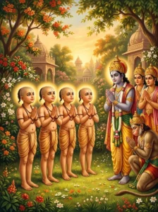 Sanakādi child sages stand with folded hands before Rāma in an Ayodhya garden.