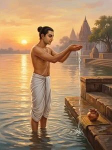 A dvija worshipper performing the morning sandhya ritual by offering water to the rising sun